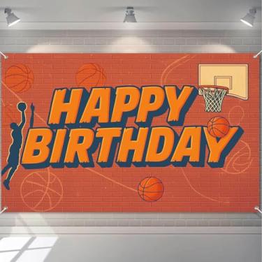 Imagem de HOMETITUTE Decoração de banner de feliz aniversário com tema de basquete com faixa de quadra de basquete, cesta e bolas de basquete, banners de aniversário para festas esportivas ao ar livre cenário