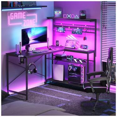 Imagem de Mesa Gamer de Fibra de Carbono com Prateleiras de 4 Níveis, Luz LED, Suporte de CPU e Tomadas, 110V, Bestier