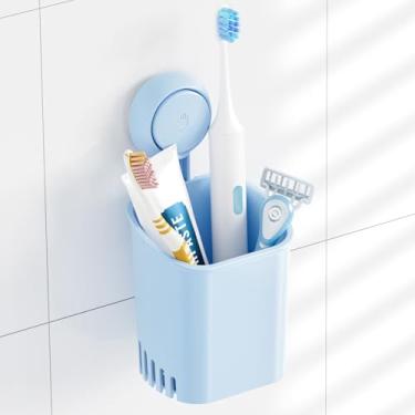 Imagem de Suporte de escova de dentes azul com ventosa para parede de chuveiro - copo de armazenamento autodrenante para barbeador, pasta de dente e utensílios de cozinha - sem pregos/sem cola/instalação sem