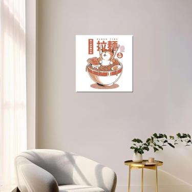 Imagem de 1 peça de arte de parede de desenho animado de gato fofo em tigela de ramen - Impressão em tela para quarto e escritório, 20 x 20 cm/8 x 8 polegadas, emoldurada