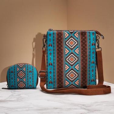 Imagem de Bolsa tiracolo feminina de lona transversal de ombro boho com porta-cartões pequeno e alça removível, Turquesa, Large