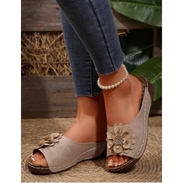 Imagem de Sandália feminina elegante de verão ortopédica deslizante feminina leve e grossa com suporte de arco para fascite plantar confortável, Bege/flor, 35