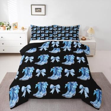 Imagem de Erosebridal Conjunto de edredom com laço azul, com laço fofo, tamanho queen, botas de caubói ocidental, colcha para crianças, meninos e meninas, adultos, vaqueira, bolinhas, laço