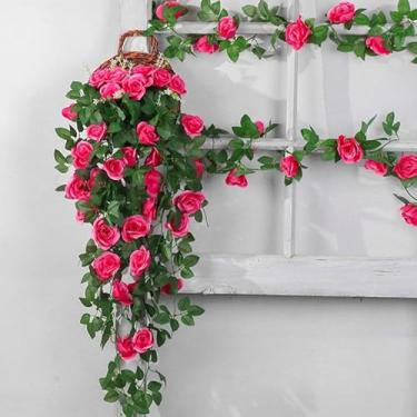 Imagem de Flor de rosa artificial, planta verde, videira para casamento, decoração de Natal (sem cesta) (rosa vermelha)