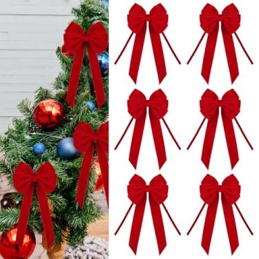 Imagem de 6 peças de laços de veludo vermelho 16,5 cm x 38 cm laços de fita de veludo para árvore de Natal vintage grande arco de guirlanda para artesanato de Natal, guirlanda de Natal, escada, lareira e