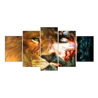 Imagem de Kit quadro decorativo 5 peças 95x60cm Jesus Cristo Leão De Judá