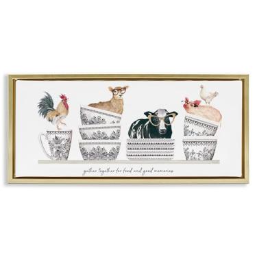 Imagem de Stupell Industries Gather for Food Animal Bowls Tela flutuante emoldurada cinza arte de parede, design por Cindy Jacobs, 28 x 63 cm