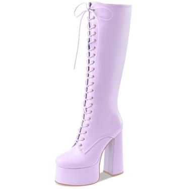 Imagem de Perisis Botas femininas de salto alto grosso, plataforma na altura do joelho, modernas, de couro, com cadarço, salto alto, cano largo, Roxo claro, 36