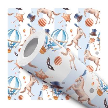 Imagem de Papel de Parede Adesivo Circo Cavalo Balão Azul Branco Infantil Bebê Q