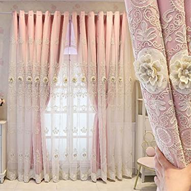 Imagem de Cortina blackout de camada dupla, painel de cortinas sólidas em camadas de voile com bordado de renda, varanda para quarto de menina, economia de energia, isolamento térmico, com ilhós, para Li