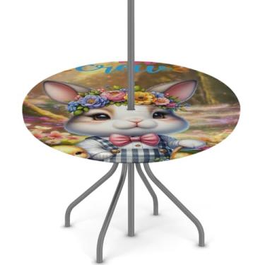 Imagem de hongjinglin Toalha de mesa de Páscoa para uso ao ar livre com orifício para guarda-chuva, toalha de mesa redonda elástica com zíper, impermeável, limpável, para piquenique, festa, pátio, serve para