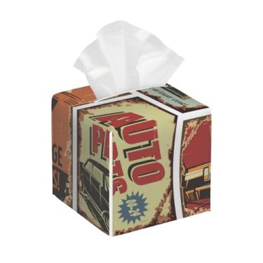 Imagem de Suporte quadrado de couro para caixa de lenços de papel impermeável monograma carimbo facial vintage organizador de papel com cinto inferior cubo estojo de lenços para mesa, banheiro, escritório, mesa