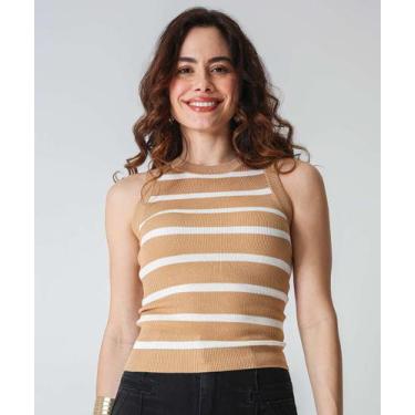 Imagem de Blusa Regata Feminina Listrada Tricô Marisa-16405, Bege, G