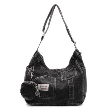 Imagem de Bolsa tiracolo jeans ajustável com bolsa de moedas, bolsa de ombro com vários bolsos para mulheres, bolsa de lona para viagens diárias, Preto, Medium, Bolsa tiracolo jeans ajustável com bolsa de