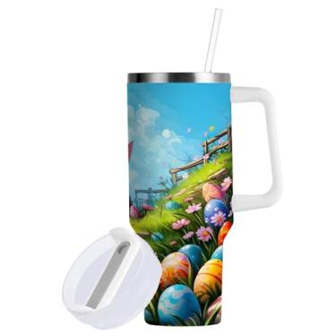 Imagem de Blueangle Copo de coelhos fofos de Páscoa de 850 g com alça e tampa de palha, copo isolado reutilizável de aço inoxidável garrafa de água caneca de viagem (39)