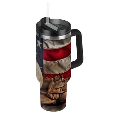 Imagem de Blueangle Copo vintage de taco de beisebol de 850 g com alça e tampa de palha, caneca de viagem de aço inoxidável isolada a vácuo de parede dupla, garrafa de água reutilizável para academia de