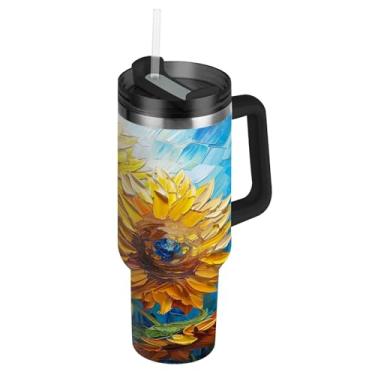 Imagem de Blueangle Copo de pintura de girassol de 850 g com alça e tampa de palha, caneca de viagem de aço inoxidável isolada a vácuo de parede dupla, garrafa de água reutilizável para academia de escritório