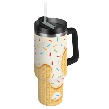 Imagem de Blueangle Copo de cone de sorvete de 850 g com alça e tampa de palha, caneca de viagem de aço inoxidável isolada a vácuo de parede dupla, garrafa de água reutilizável para academia de escritório ao ar