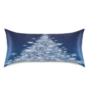 Imagem de Blueangle Capa de almofada de cetim de árvore de Natal com flocos de neve para cabelo e pele, tamanho king size (50,8 x 101,6 cm) - Capas de almofada de cetim refrescantes com fecho de envelope (316)
