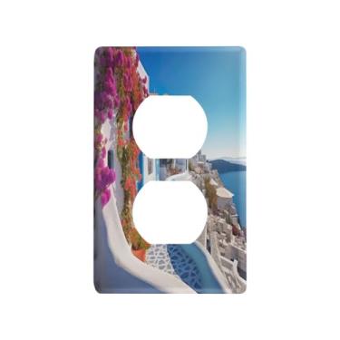 Imagem de Blueangle Placa de parede de tomada dupla romântica Villagecore, tamanho padrão, placas de cobertura de tomada elétrica de 1 gangue para decoração de quarto de escritório em casa, 4,53 x 2,76