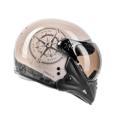 Imagem de Capacete PELLS F-21 North OFF WHITE/PTO com Bússola Náutica, Design Vintage, Preto e Bege, Proteção Premium para Motociclismo (56)