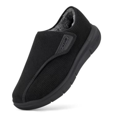 Imagem de FitVille Sapatos masculinos de inverno com alças ajustáveis de largura extra larga com forro de pele quente, chinelos de inverno para homens, alívio da dor nos pés, neuropatia, Preto (Jet Black), 7.5