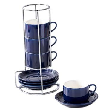 Imagem de KiBcsLic Conjunto de 4 xícaras de café de cerâmica com pires e suporte decorativo. Utensílio multifuncional, e inovador para presentear em, Azul