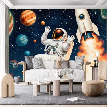 Imagem de Murais de parede de tamanho personalizado, tecido autoadesivo de cena espacial de lançamento de foguete astronauta (sem PVC) Papel de parede grande removível para sala de estar, quarto, escritório