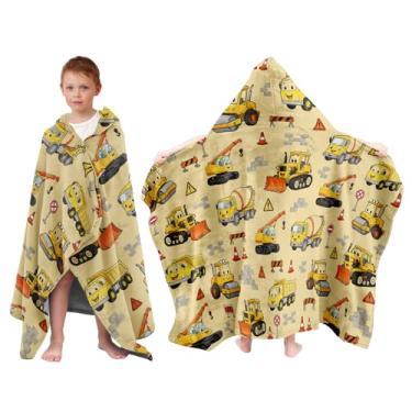 Imagem de JOPJOLIW Toalha com capuz de caminhão para crianças 76 cm x 127 cm, estampa de veículo de escavadeiras de engenharia, poncho de banho de flanela macia para meninos e meninas, envoltório de natação