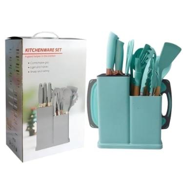 Imagem de Kit 19 Peças Utensilios Cozinha Silicone Com Facas Antiaderente Cabo De Madeira Tratada Kit Com Colher Concha Esp Pegador Tesoura Tabua - Jogo Completo Verde-Agua. visite nossa loja Leo Top Store