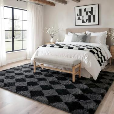 Imagem de GENIMO Tapete quadriculado, 15 x 23 cm, para quarto de crianças, macio, felpudo, tapete felpudo para sala de estar, berçário, sala de jogos, dormitório, decoração de casa moderna, estética, preto e