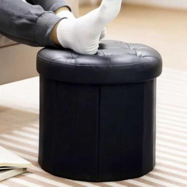 Imagem de AmasSmile Banqueta dobrável para descanso para os pés, banquinho de couro pequeno de 35,5 x 35,5 x 33 cm, banco otomano curto, armazenamento de descanso para os pés, baú cobertor, preto