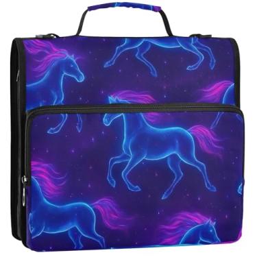 Imagem de Pasta organizadora de fichário escolar com 3 anéis de 3 anéis de cavalo resistente néon roxo néon com alça de ombro básica multibolsos pasta grande para portfólio, 34,5 x 31,5 x 9 cm
