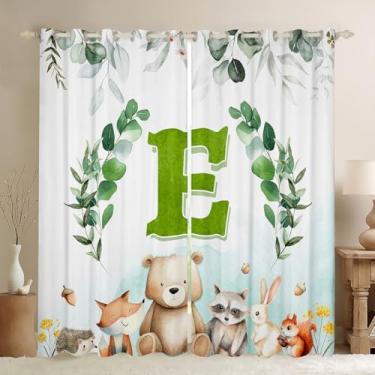 Imagem de Erosebridal Alfabeto E Cortinas blecaute floresta eucalipto para crianças, meninos, meninas, animais de zoológico, fofo, cortina de janela, desenho animado urso raposa, guaxinim, esquilo, coelho