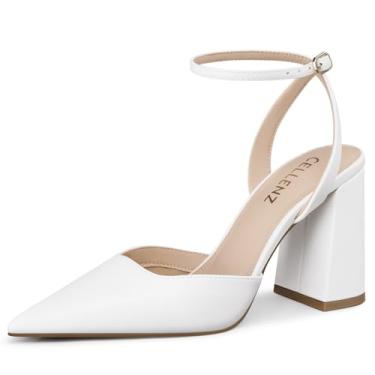 Imagem de CELLENZ Sapatos femininos de salto grosso: 9 polegadas bico fino salto alto - bico fechado com tiras salto sexy, confortável trabalho formal festa dança sapatos tamanho 6-11, 89 PU branco, 36