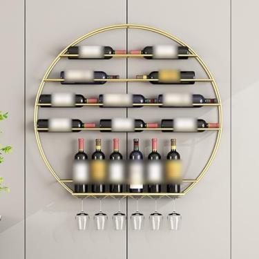 Imagem de Suporte de vinho de ferro de parede dourado, suporte de garrafa redonda e prateleira de vidro, elegante suporte de exibição de licores para decoração de casa, cozinha, sala de estar e bar, tamanho de