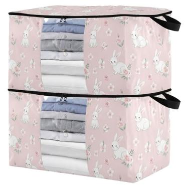 Imagem de Burbuja Bolsa de armazenamento de roupas de coelho com tampas e alça, embalagem com 2 recipientes de armazenamento de cobertor dobrável com zíper resistente e janela transparente para armário de