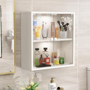 Imagem de Elegante armário de parede de madeira com portas de vidro - Armazenamento de exibição de 2/3 níveis para casa, banheiro, escritório, sala de jantar e sala de estar - Armário decorativo iluminado que