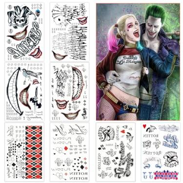 Imagem de 18 folhas de tatuagens de coringa HQ para mulheres e homens, tatuagens temporárias falsas de esquadrão suicida de Halloween, realistas, adereços de baile de máscaras, cosplay, acessórios de festa