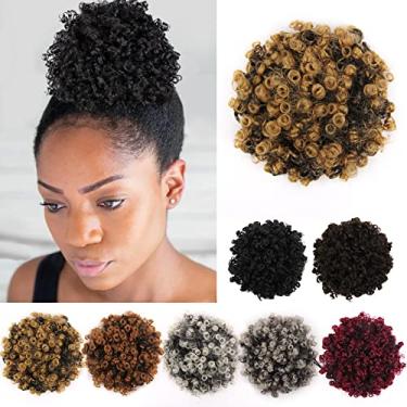 Imagem de YISIKUNNUO Extensão de cabelo cacheado ondulado afro puff cordão rabo de cavalo para mulheres negras solto ondulado mini afro puff postiços para meninas crianças (preto marrom claro)