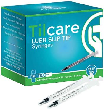 Imagem de 1 ml de seringa sem agulha Luer Slip Pacote com 100 por Tilcare – Droppers de plástico estéril para crianças, animais de estimação ou adultos – Dispensador de medicação oral sem látex – Seringas para cola e epóxi