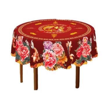 Imagem de Toalha De Mesa Redonda Vermelha Com Estampa De Peônia E Borda Em Relev