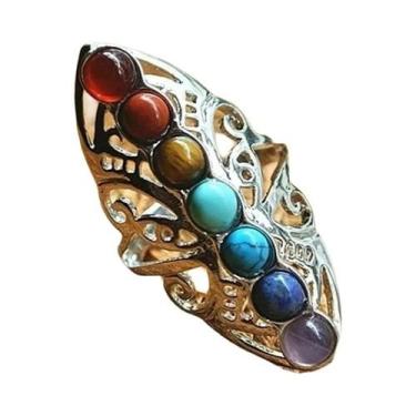 Imagem de Anel Aberto Ajustável Com Pérolas De 7 Chakras Em Prata Vintage Com Pe