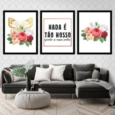 Imagem de Kit 3 Quadros Decorativos Nossos Sonhos Flor, Borboleta