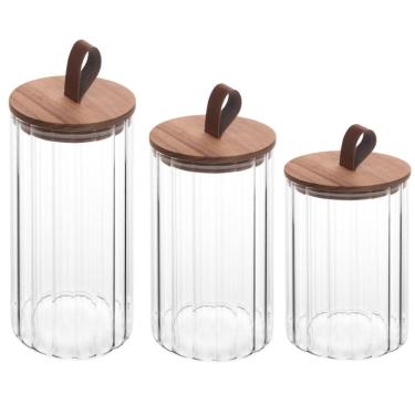 Imagem de Conjunto de 3 Potes de Vidro Canelado com Tampa Hermética de Acácia Wolff