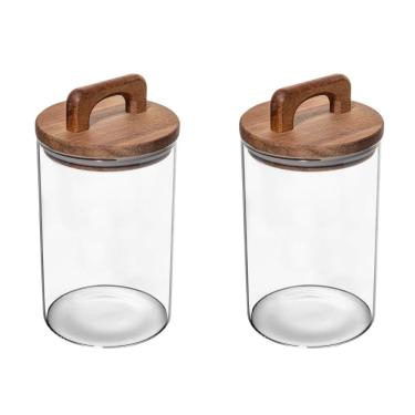 Imagem de Conjunto 02 Potes de Vidro com Tampa Hermética de Acácia 1L Wolff