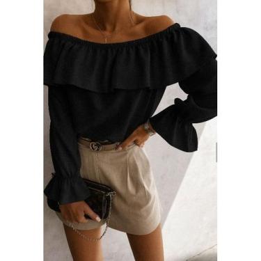 Imagem de Blusa feminina Cropped ciganinha manga longa soltinha tendência gringa