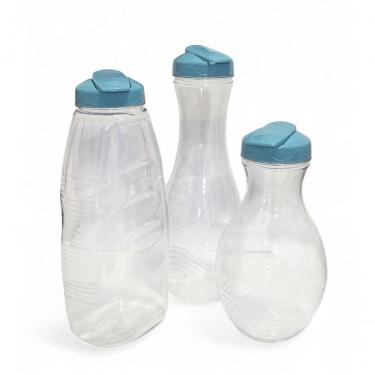 Imagem de Kit 3 Garrafas Jarra para Suco e Água Plástico Formatos Diferentes Uso Diário Azul