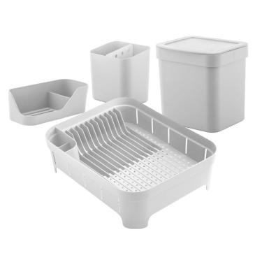Imagem de Kit Cozinha Escorredor De Louças Talheres Lixeira 4,7L Organizador De Pia Bancada Branco - Ou