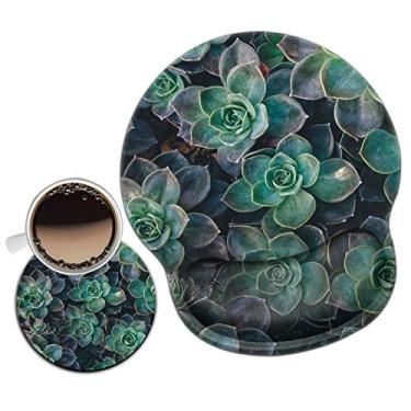 Imagem de Mouse pad com suporte de pulso Gel ergonômico mouse pads com suporte de descanso Mouse Pad para home office jogos trabalho fácil digitação e alívio da dor + porta-copos suculenta, flor de planta